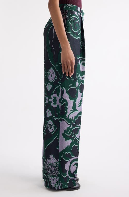 Dries Van Noten Bastis Abstract Floral Jacquard Pleated Crepe Straight Leg Pants In Green