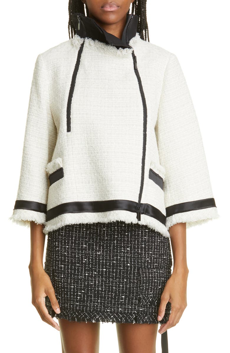 Sacai Asymmetric Zip Crop Tweed Jacket, Main, color,