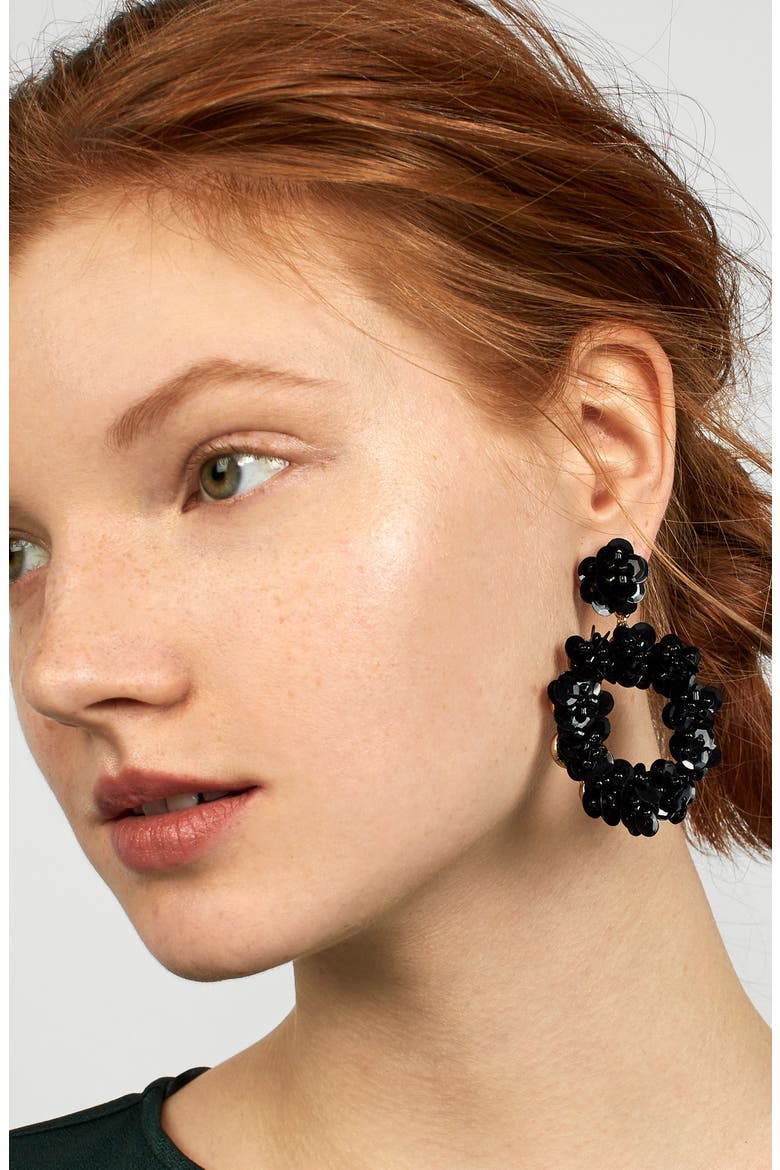 Sequin Floral Hoop Earring, Alternate, color, BLACK