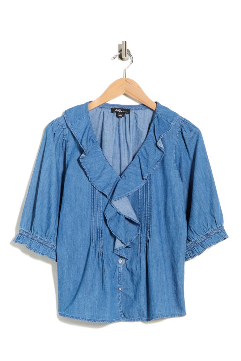 Ruffle Puff Sleeve Denim Button-Up Top, Alternate, color, MEDIUM WASH