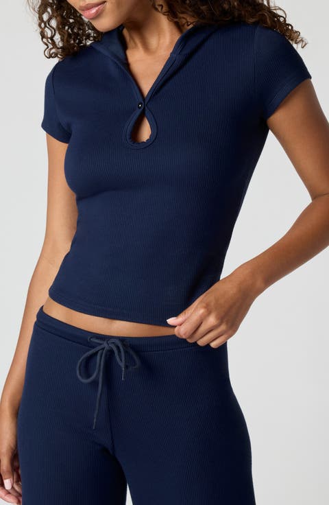 Ribbed Jersey Hooded Cutout T-Shirt