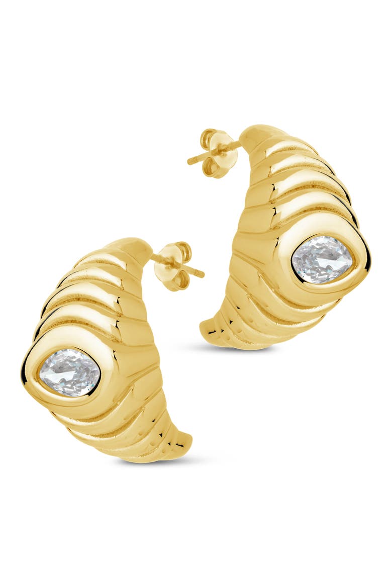 Cubic Zirconia Croissant Hoop Earrings, Alternate, color, GOLD