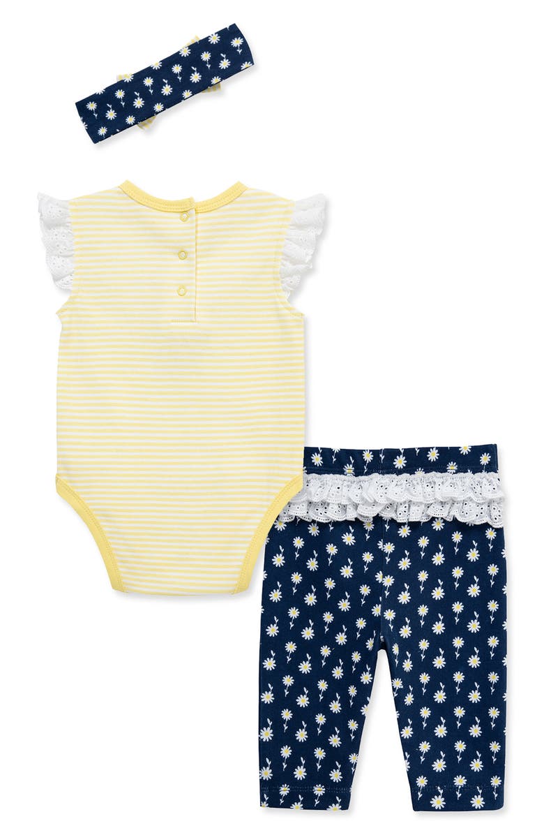 Little Me Daisy Bodysuit, Pants & Headband Set, Alternate, color, Yellow Multi