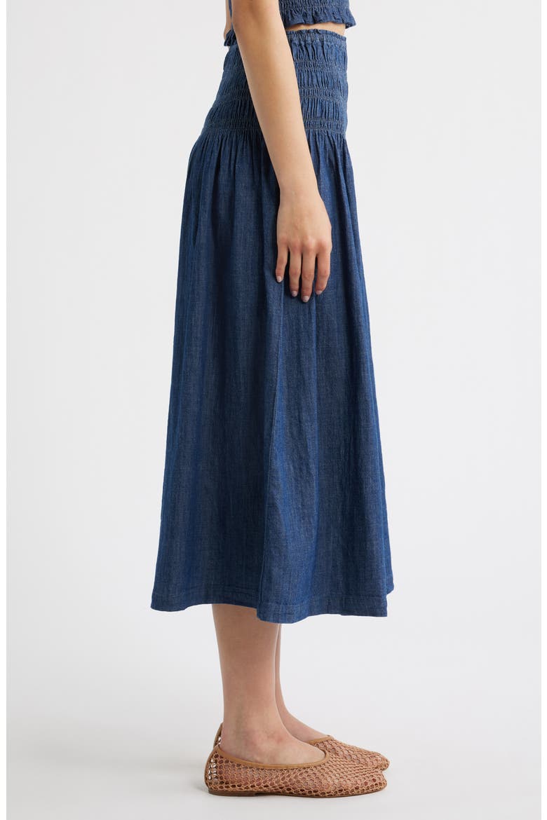 Smocked Waist Denim Midi Skirt, Alternate, color, DARK COVE WASH