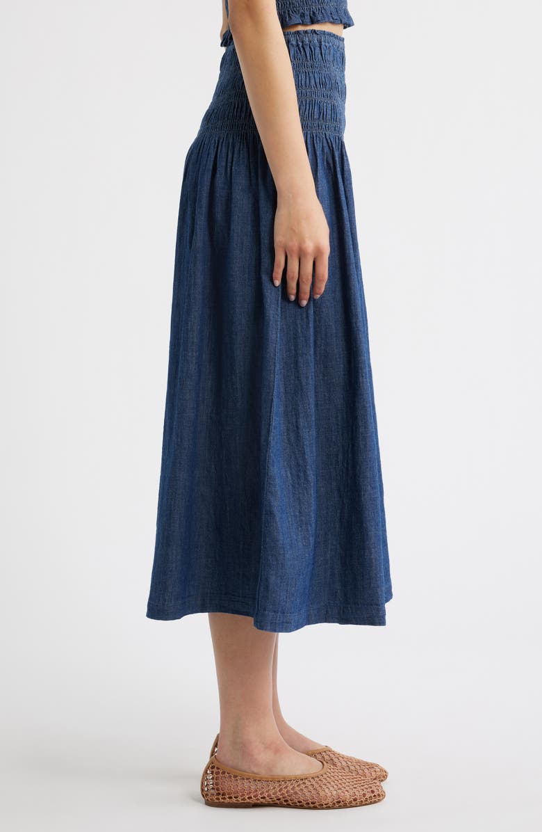 Madewell Smocked Waist Denim Midi Skirt, Alternate, color, Dark Cove Wash
