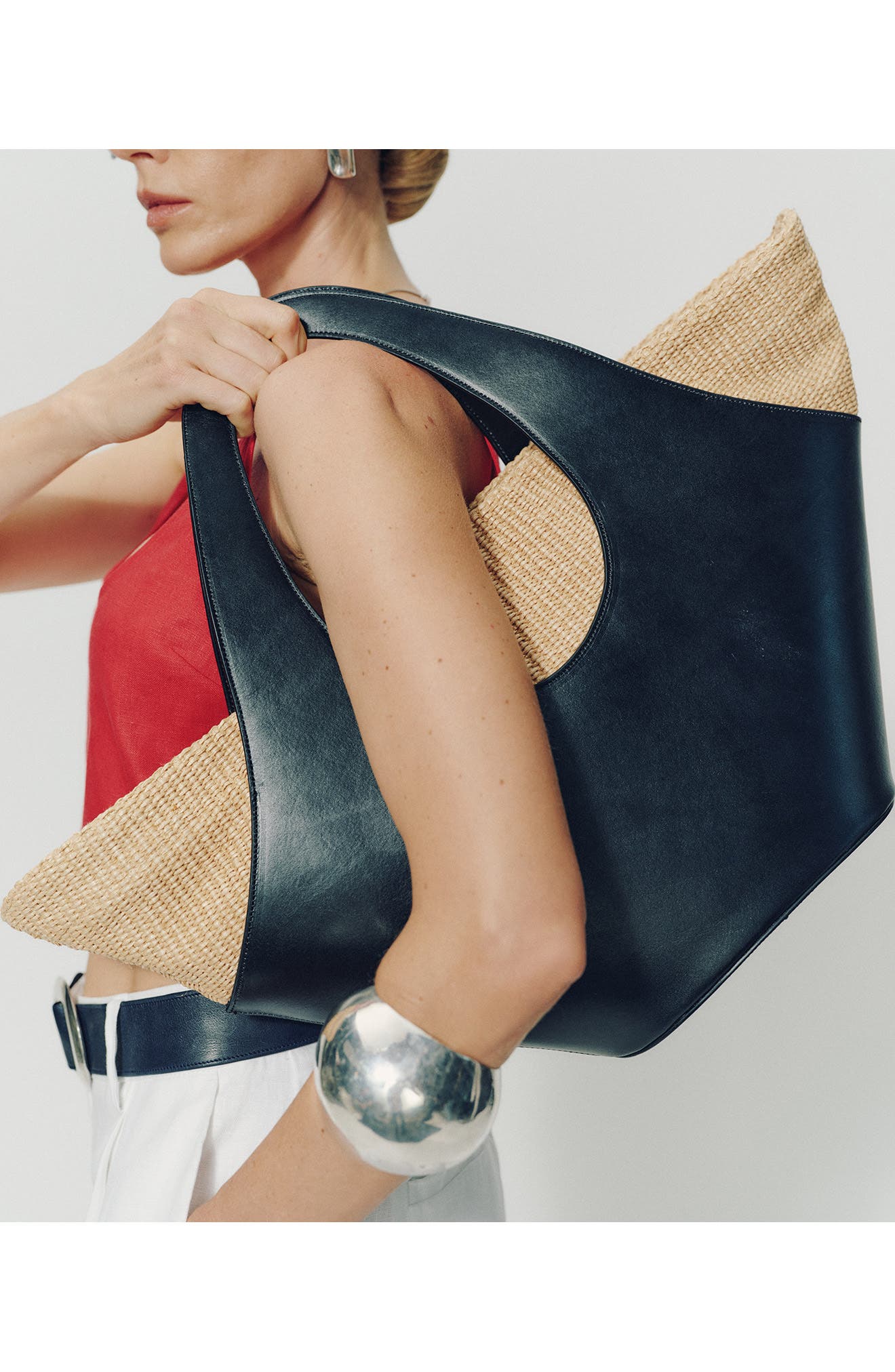 Reformation Siena Leather & Raffia Top Handle Tote, Alternate, color, Black Leather Natural Raffia