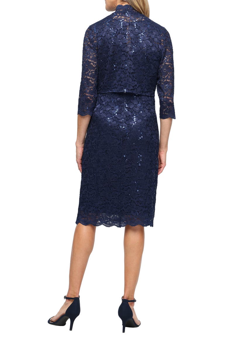 Sequin Stretch Lace Sheath Sleeveless Dress with Jacket, Alternate, color, NAVY