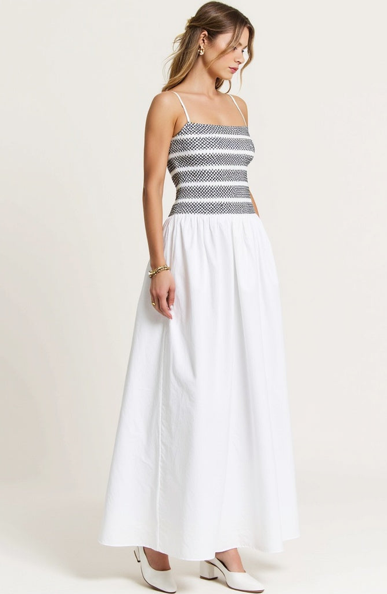 Modenaire Smocked Bodice A-Line Maxi Dress with Gathered Skirt, Alternate, color, White / Black Striped