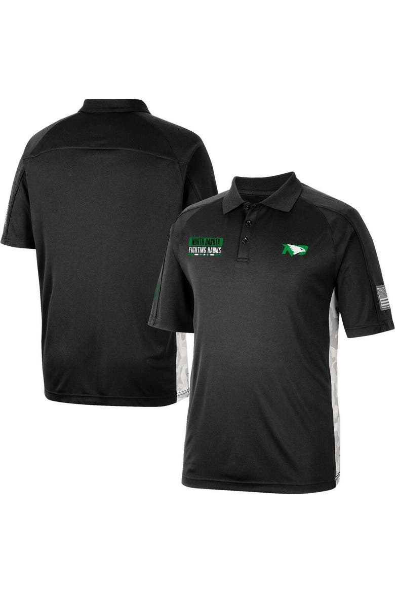 Men's Colosseum Black North Dakota OHT Military Appreciation Snow Camo Polo, Main, color, Black