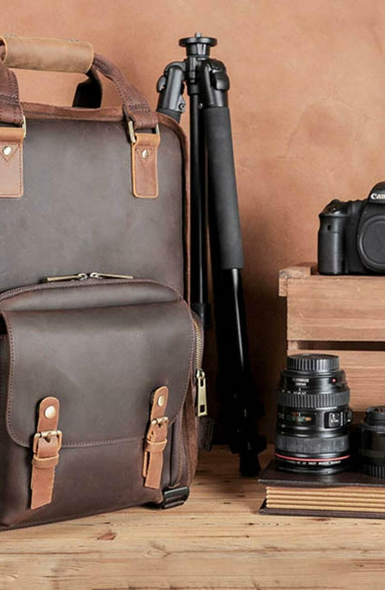 STEEL HORSE LEATHER The Gaetano | Large Leather Backpack Camera Bag with Tripod Holder, Alternate, color, Dark Brown