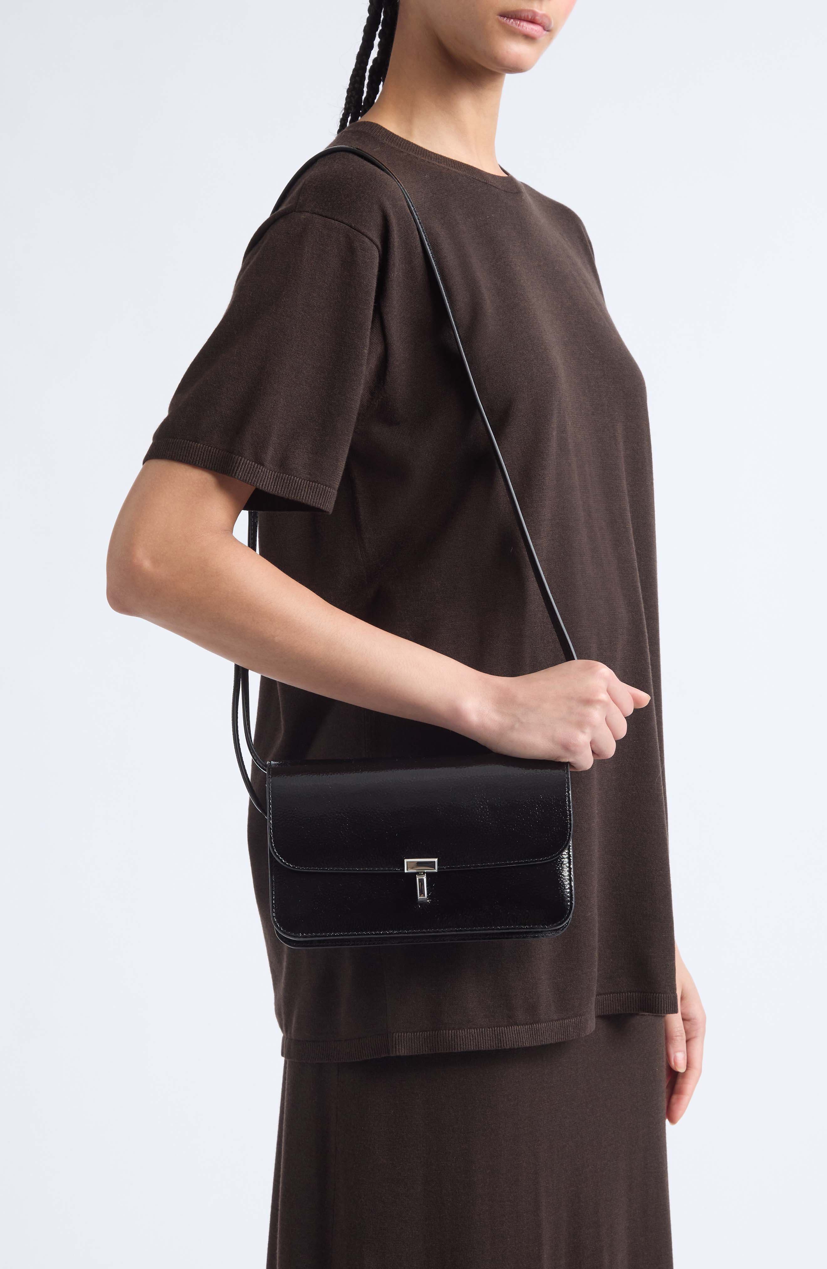 T-Lock Grained Patent Leather Crossbody Bag, Alternate, color, BLACK