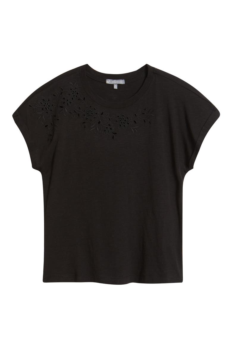Embroidered Eyelet Cap Sleeve T-Shirt, Alternate, color, BLACK