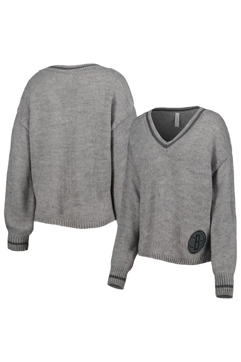 Women's Lusso Gray Brooklyn Nets Scarletts Lantern Sleeve Tri-Blend V-Neck Pullover Sweater, Main, color, Gray