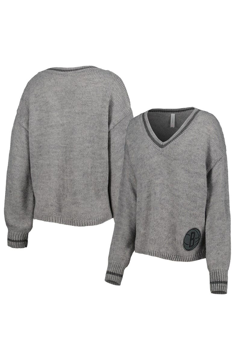 LUSSO Women's Lusso Gray Brooklyn Nets Scarletts Lantern Sleeve Tri-Blend V-Neck Pullover Sweater, Main, color, Gray