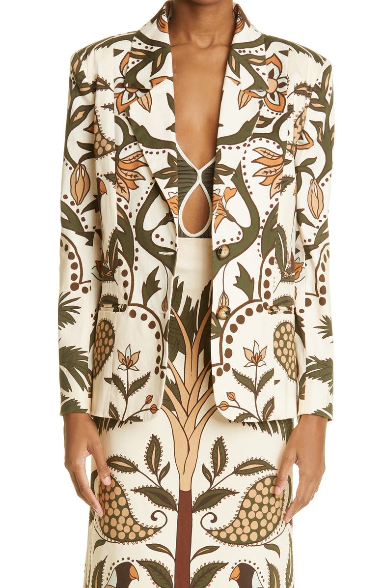 Johanna Ortiz Palm Print Stretch Organic Cotton Blazer, Main, color,