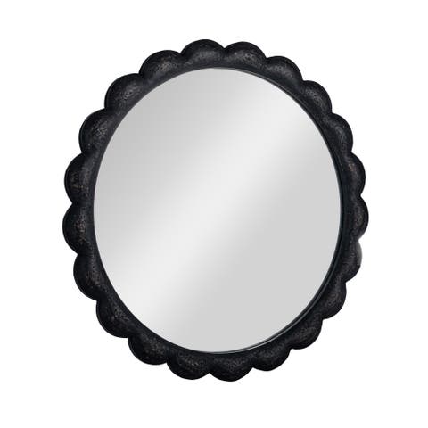 Round Scalloped Distressed Wood Wall Mirror, Black