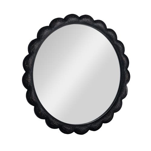 Storied Home Round Scalloped Distressed Wood Wall Mirror, Black In Black