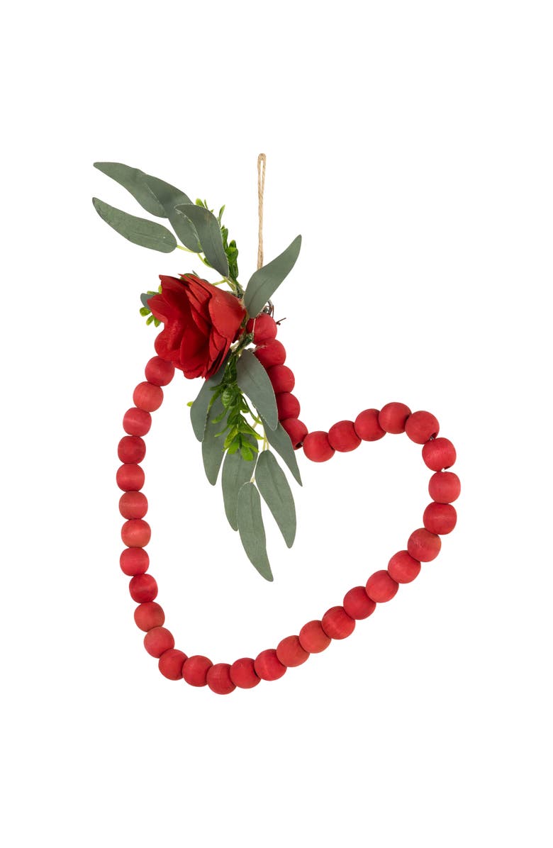 Northlight Wooden Beads with Rose Valentine's Day Heart Wall Decoration - 10.25" - Red, Alternate, color, Red