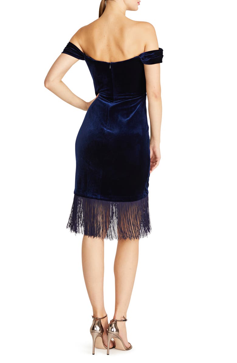 Theia Melissa Fringe Off the Shoulder Velvet Cocktail Dress, Alternate, color,
