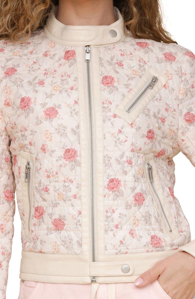 Avec Les Filles Floral Quilted Faux-Ever Leather<sup>™</sup> Trim Crop Moto Jacket, Alternate, color, Soft Pink Floral