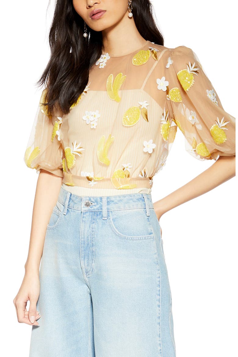 Fruit Floral Mesh Top, Main, color, YELLOW MULTI