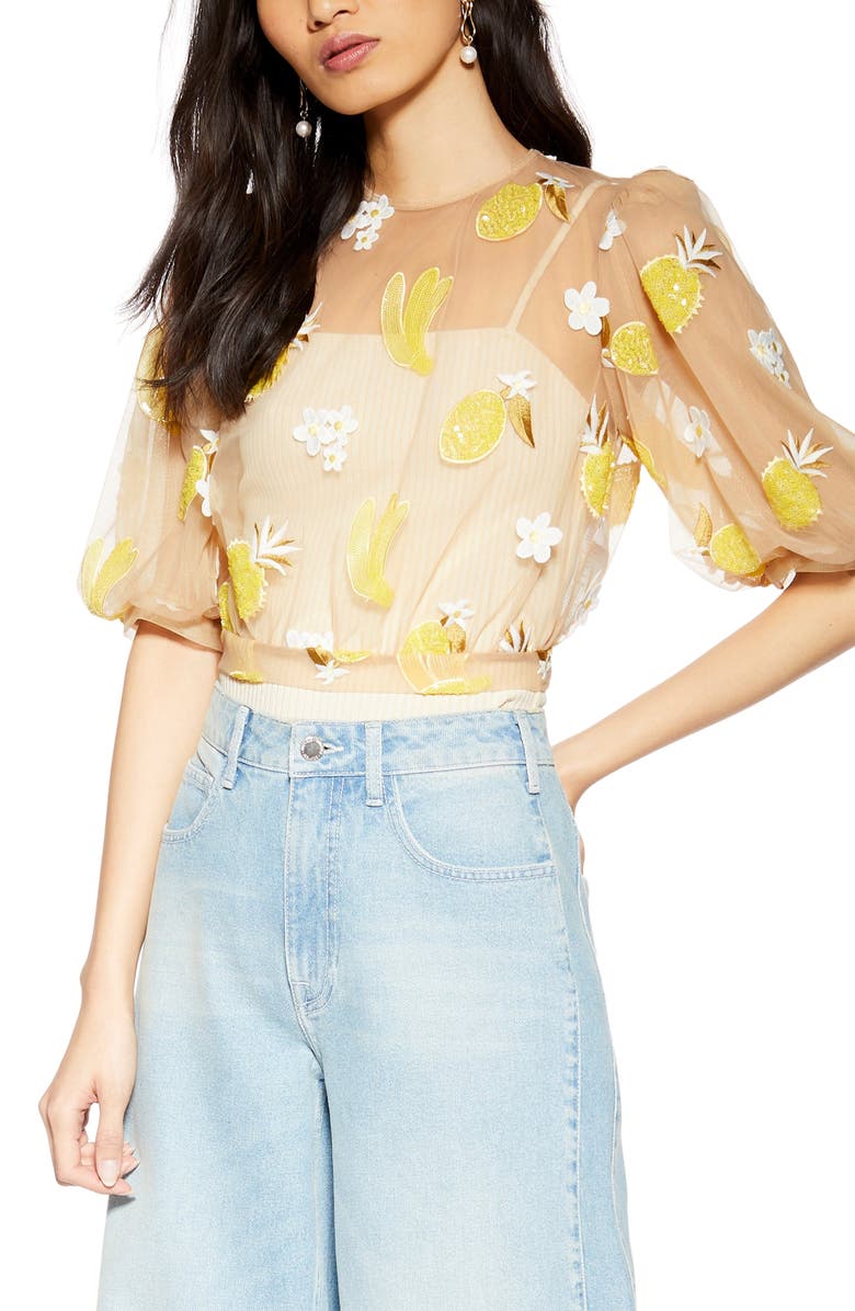 Topshop Fruit Floral Mesh Top, Main, color, 