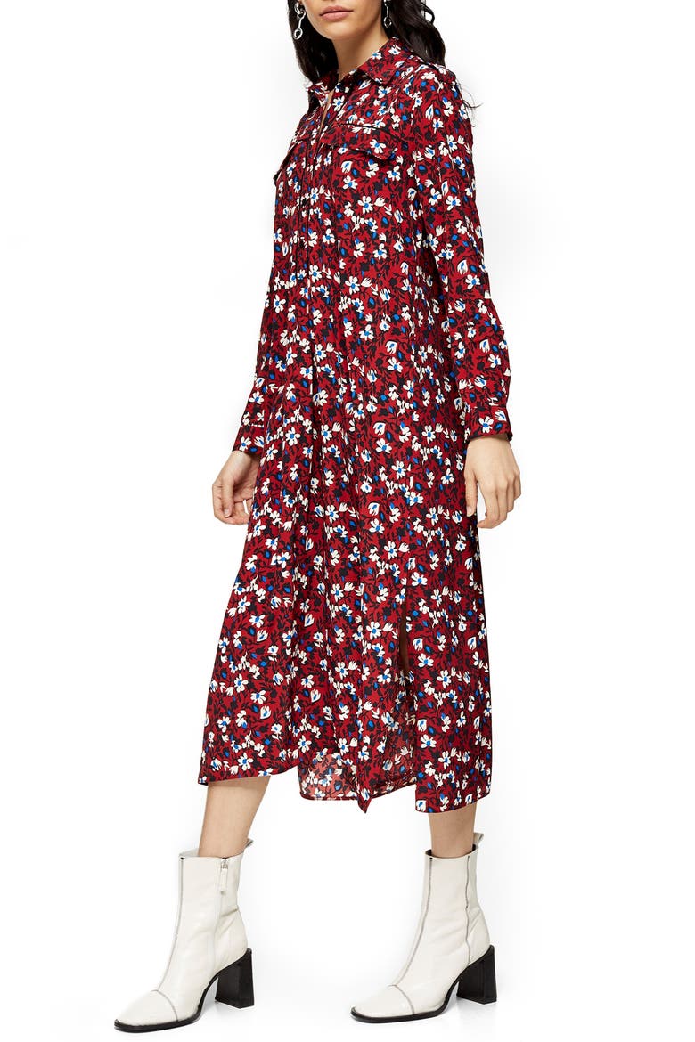 Floral Print Long Sleeve Midi Shirtdress, Alternate, color, BURGUNDY MULTI