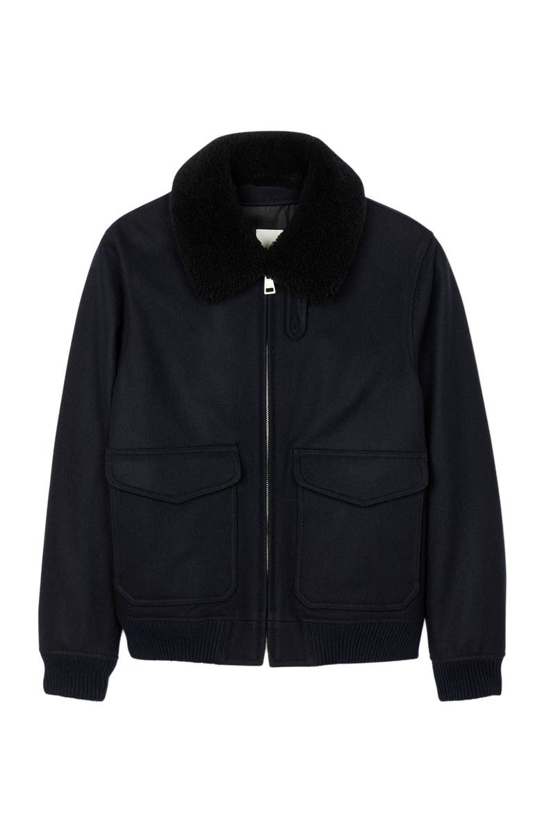 SANDRO Wool aviator jacket with shearling, Alternate, color, Navy Blue