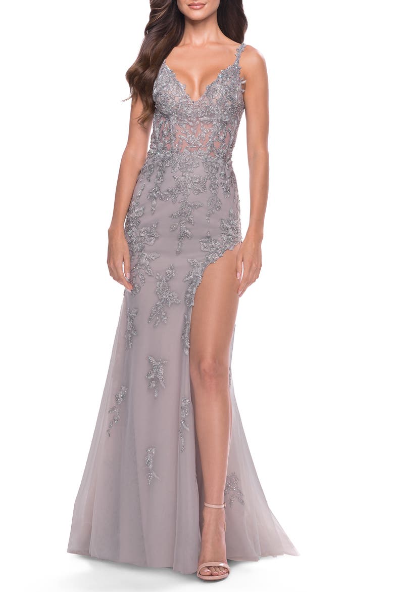 Lace Long Dress with High Side Slit and V-Neckline, Alternate, color, Silver