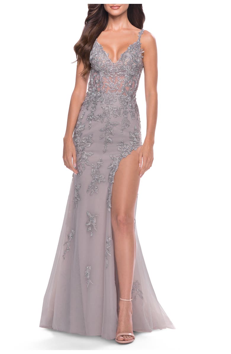 La Femme Lace Long Dress with High Side Slit and V-Neckline, Alternate, color, Silver