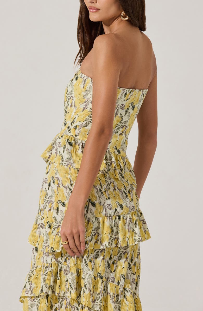 ASTR the Label Plissé Asymmetric Tiered Ruffle Strapless Midi Dress, Alternate, color, Lemon Print Floral
