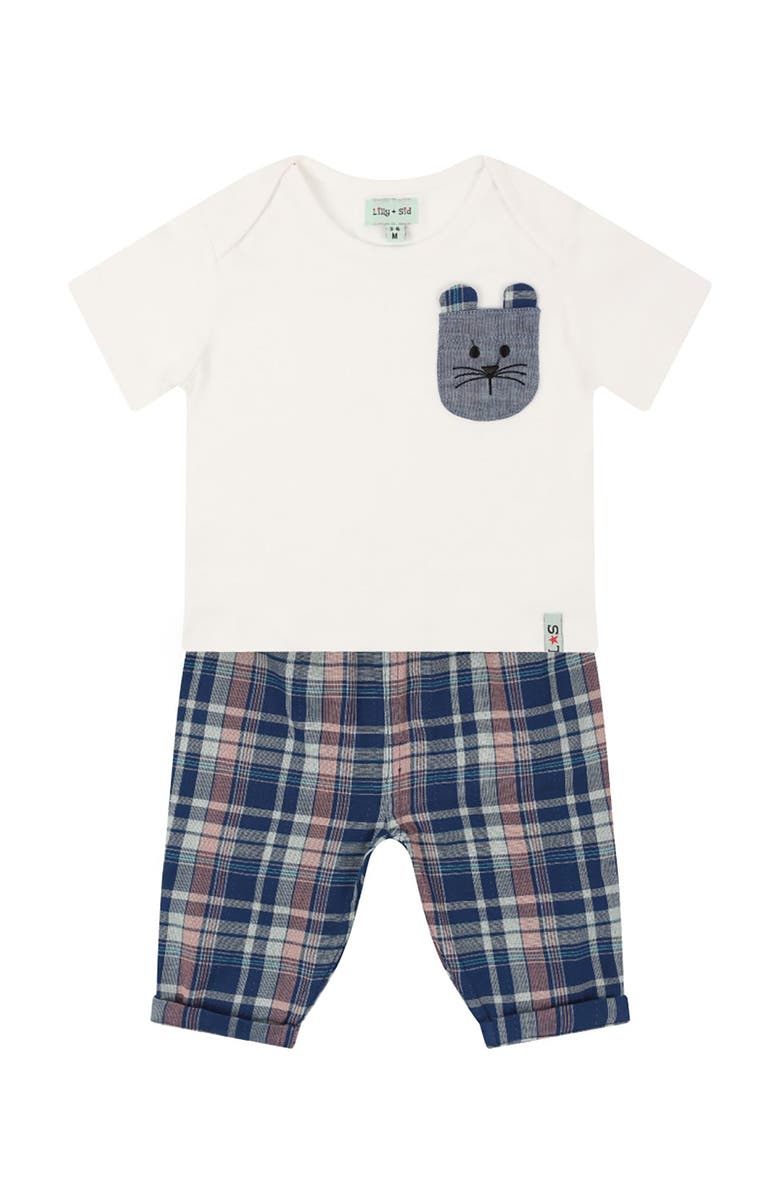 Lilly + Sid Organic Cotton Check Print Top And Trouser Set, Main, color, Navy