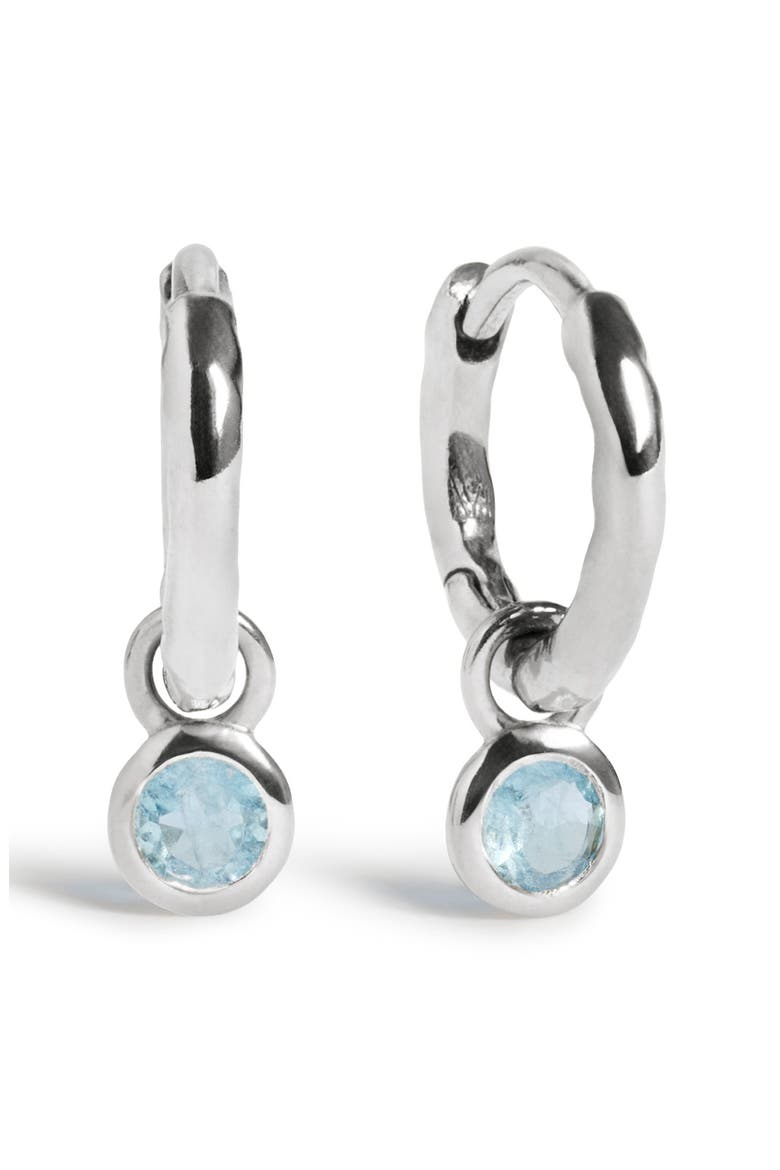 Birthstone Huggie Hoop Earrings, Main, color, STERLING SILVER/ AQUA