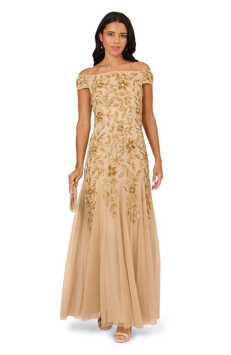 Adrianna Papell Sequin Floral Off the Shoulder Gown, Alternate, color, Champagne Gold