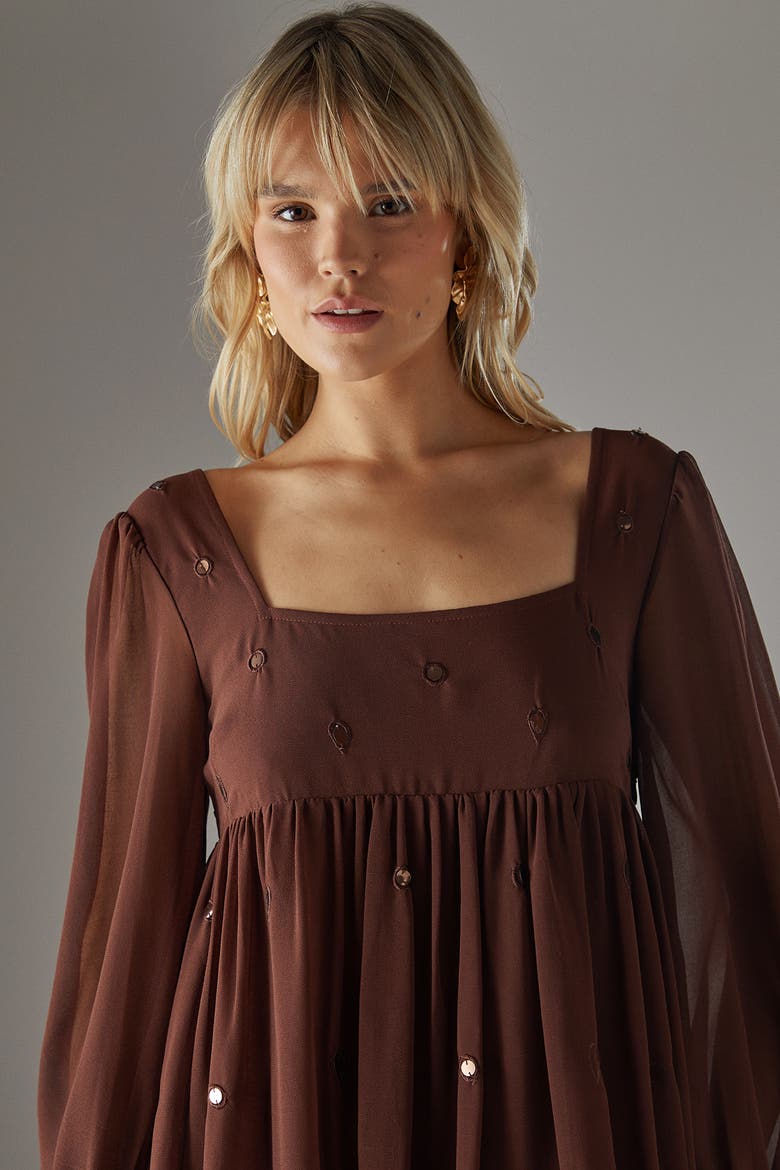 Hand Embellished Square Neck Mini Dress, Alternate, color, Chocolate