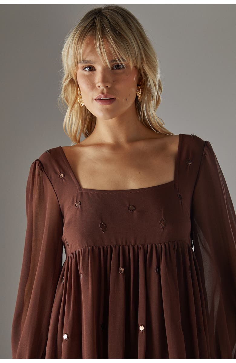 Warehouse Hand Embellished Square Neck Mini Dress, Alternate, color, Chocolate
