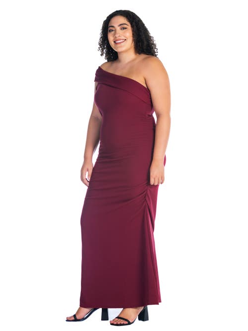 24seven Comfort Apparel Formal One Shoulder Rouched Mermaid Maxi Dress In Burgundy