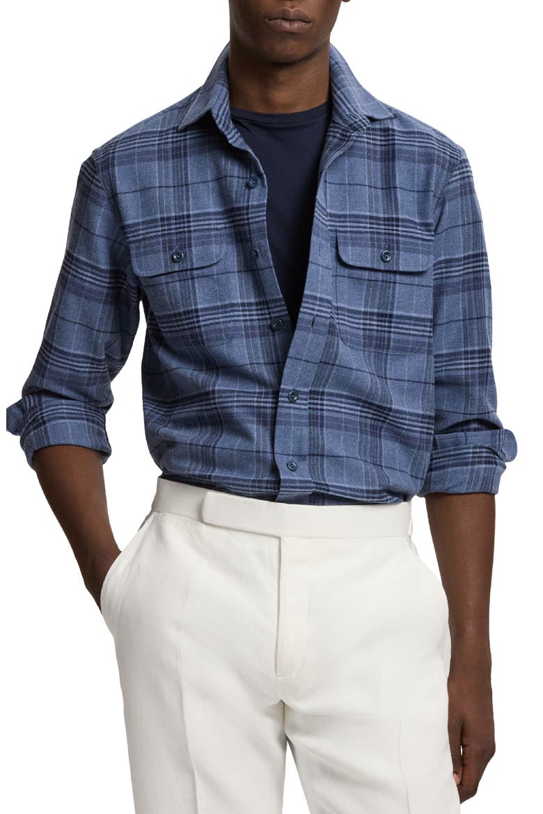 Blanket Plaid Cotton Flannel Button-Up Shirt, Main, color, BLUE/ GREY