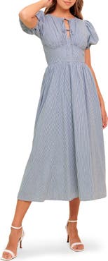 FLYING TOMATO Split Neck Puff Sleeve Midi Dress