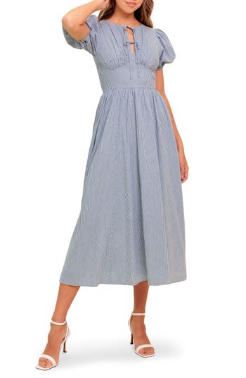 Flying Tomato Split Neck Puff Sleeve Midi Dress In Blue