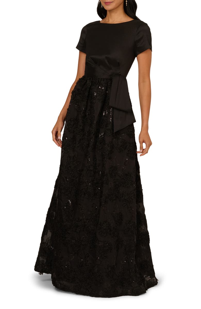 Adrianna Papell Soutache Floral Detail A-Line Gown, Main, color, Black