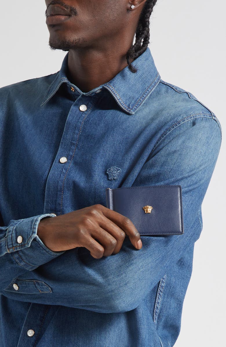 Versace Medusa Money Clip Leather Bifold Wallet, Alternate, color, Midnight Blue-Versace Gold