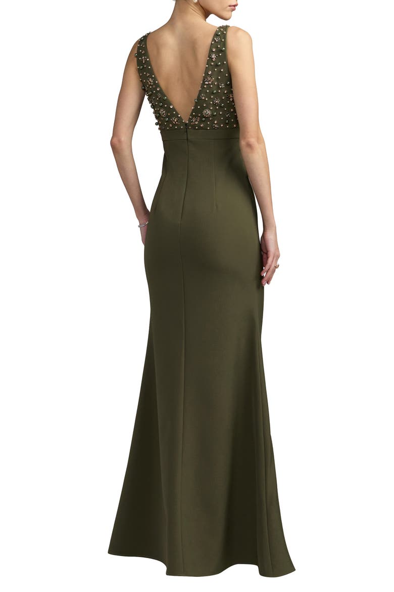 Crepe Sleeveless Beaded V Neck Gown With Bow, Alternate, color, Olive