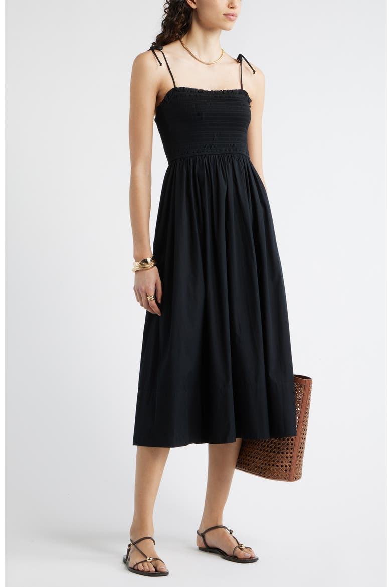 Smocked Stretch Cotton Midi Sundress, Alternate, color, BLACK
