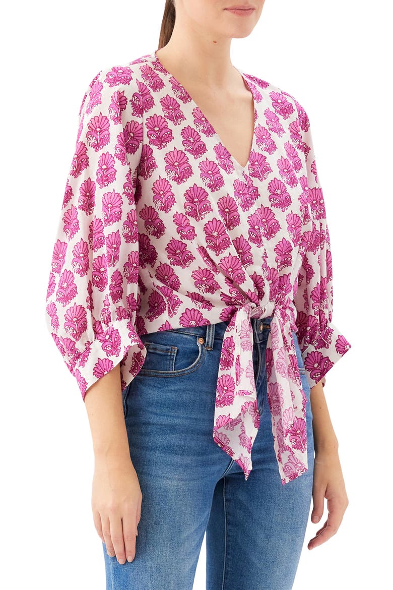 Batik Print Tie Front Cotton Top, Alternate, color, PINK PRINT