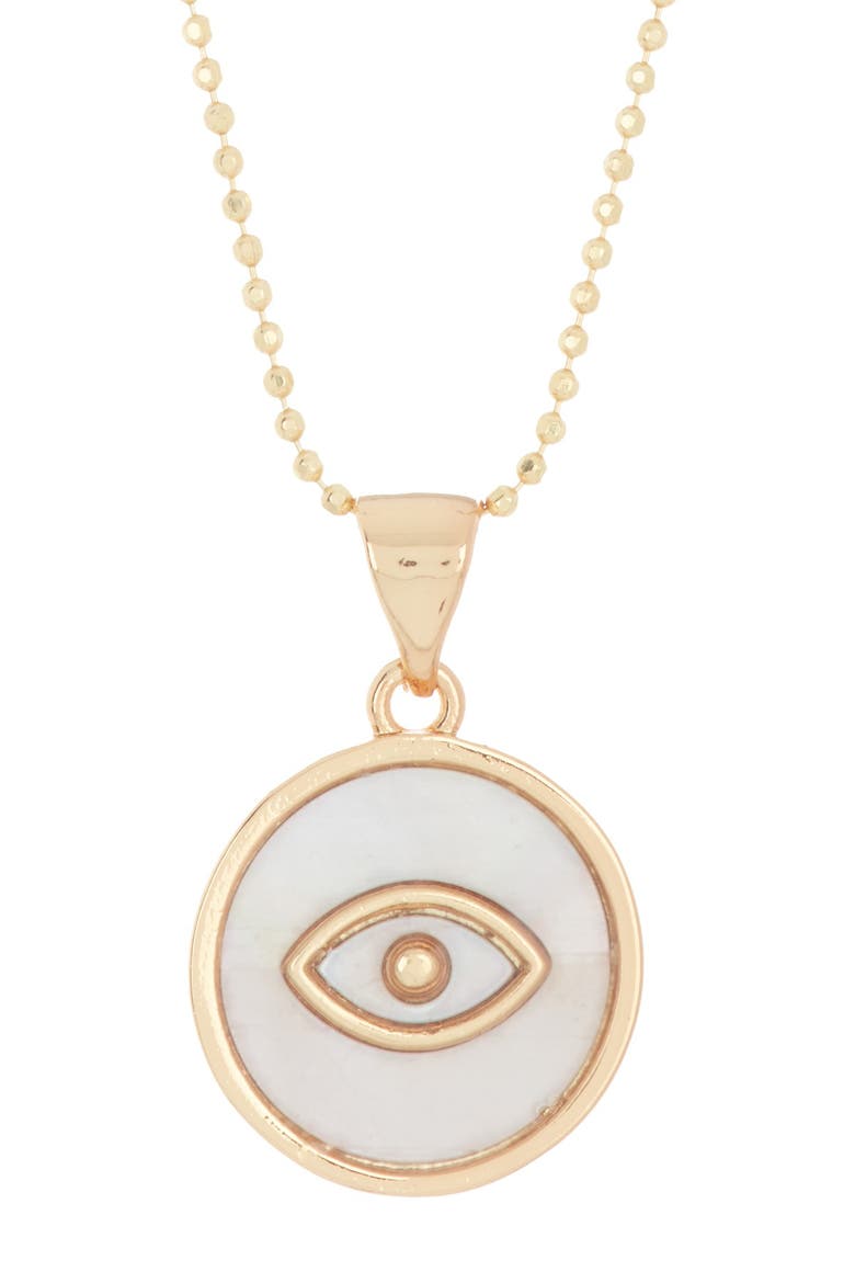 14K Gold Plated Sterling Silver Mother-of-Pearl Evil Eye Disc Pendant Necklace, Main, color, WHITE