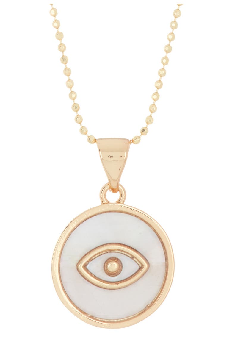 Adornia 14K Gold Plated Sterling Silver Mother-of-Pearl Evil Eye Disc Pendant Necklace, Main, color, White