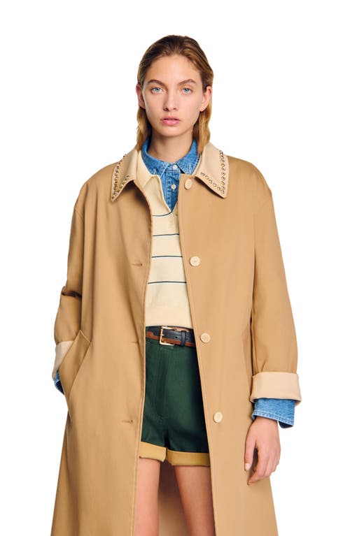 Sandro Diderot Embellished-collar Trench Coat In Camel