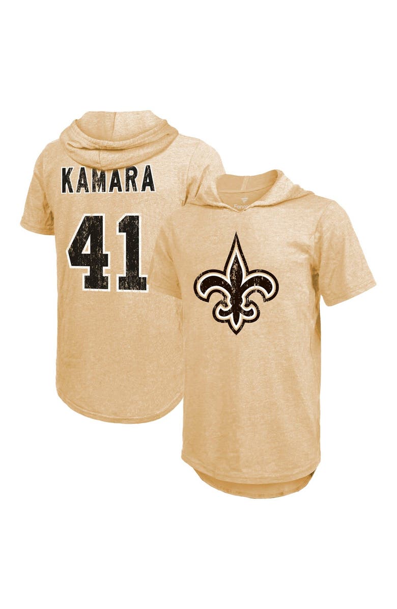 Majestic Threads Men's Majestic Threads Alvin Kamara Gold New Orleans Saints Player Name & Number Tri-Blend Hoodie T-Shirt, Main, color,