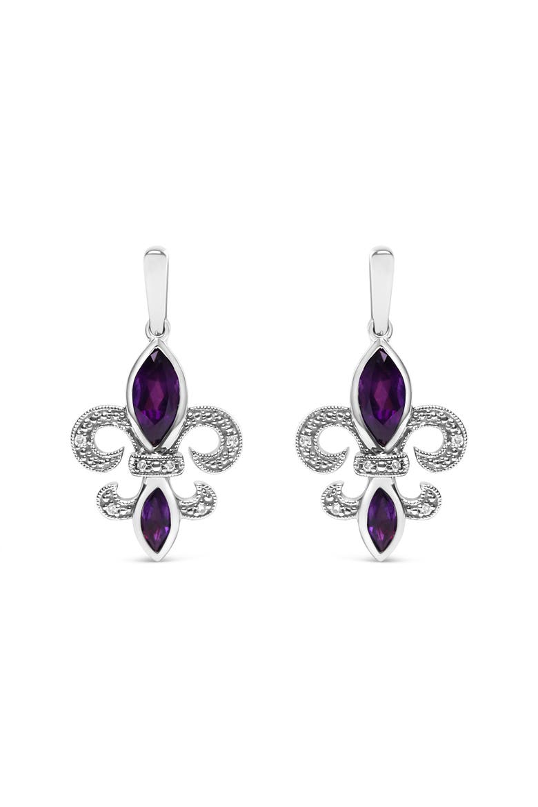 Silver Amethyst & Diamond Accent Fleur De Lis Dangle Stud Earrings, Main, color, White